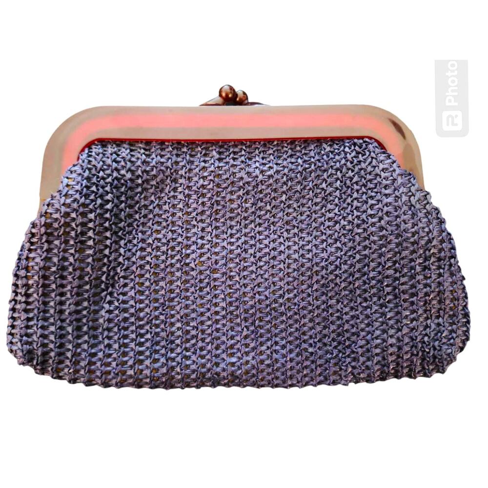 Vintage MCI A World of Vintage Handbags Navy Straw Clutch Tortoise Frame Closure